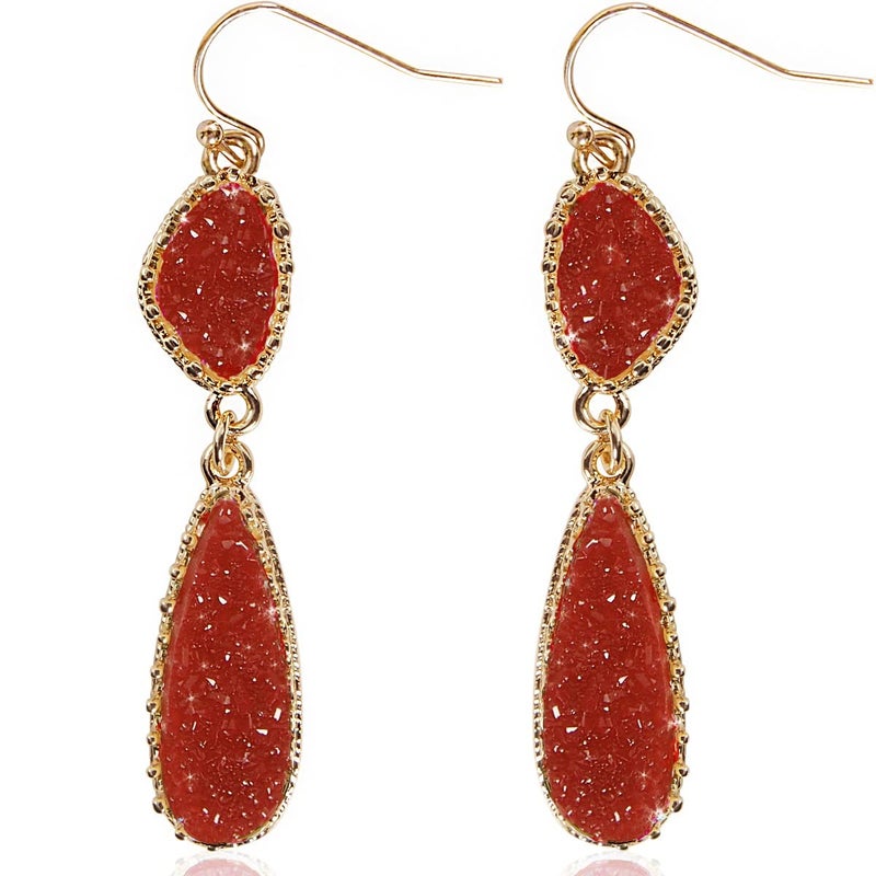 Humble Chic NY Red Earrings for Women Dangle - Dangly Red and Gold Tone Earrings for Women, Dressy Maroon Simulated Druzy Long Boho Dangles, Gold Tone Sparkly Burgundy Tear Drops for Bride, Bridesmaid, Formal Prom - Image 1