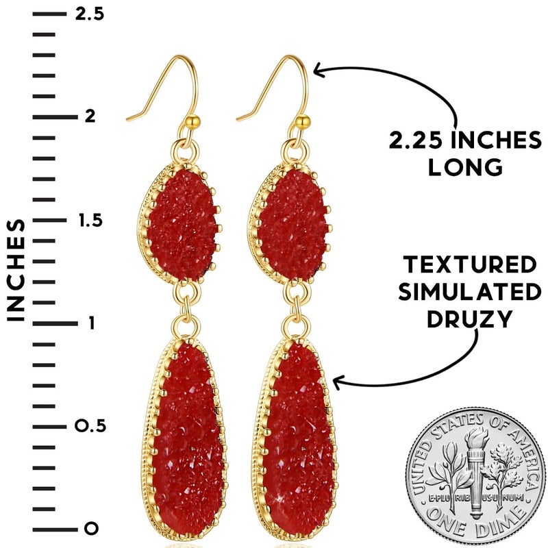Humble Chic NY Red Earrings for Women Dangle - Dangly Red and Gold Tone Earrings for Women, Dressy Maroon Simulated Druzy Long Boho Dangles, Gold Tone Sparkly Burgundy Tear Drops for Bride, Bridesmaid, Formal Prom - Image 4