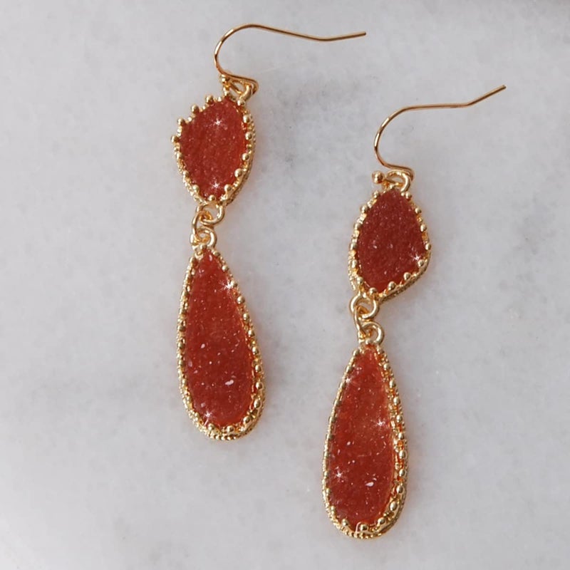 Humble Chic NY Red Earrings for Women Dangle - Dangly Red and Gold Tone Earrings for Women, Dressy Maroon Simulated Druzy Long Boho Dangles, Gold Tone Sparkly Burgundy Tear Drops for Bride, Bridesmaid, Formal Prom - Image 3