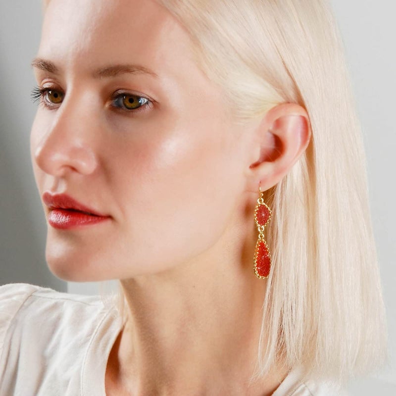Humble Chic NY Red Earrings for Women Dangle - Dangly Red and Gold Tone Earrings for Women, Dressy Maroon Simulated Druzy Long Boho Dangles, Gold Tone Sparkly Burgundy Tear Drops for Bride, Bridesmaid, Formal Prom - Image 2