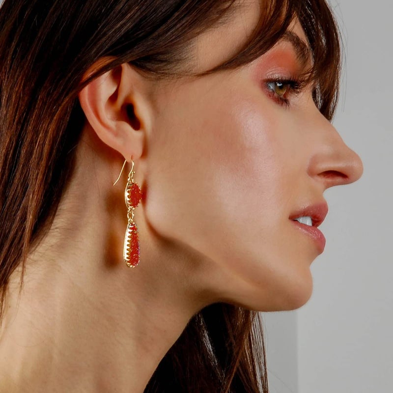 Humble Chic NY Red Earrings for Women Dangle - Dangly Red and Gold Tone Earrings for Women, Dressy Maroon Simulated Druzy Long Boho Dangles, Gold Tone Sparkly Burgundy Tear Drops for Bride, Bridesmaid, Formal Prom - Image 5