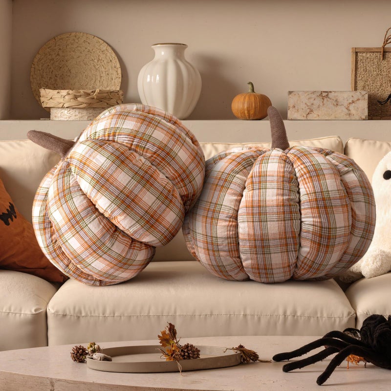Lanpn Fall Pumpkin Pillow Set of 2, Halloween Decoration Throw Pillow Soft Cute 3D Shaped Cushion for Sofa Couch Bedroom Autumn Thanksgiving Halloween Decor (Plaid A, 12.6x10.6in) - Image 1