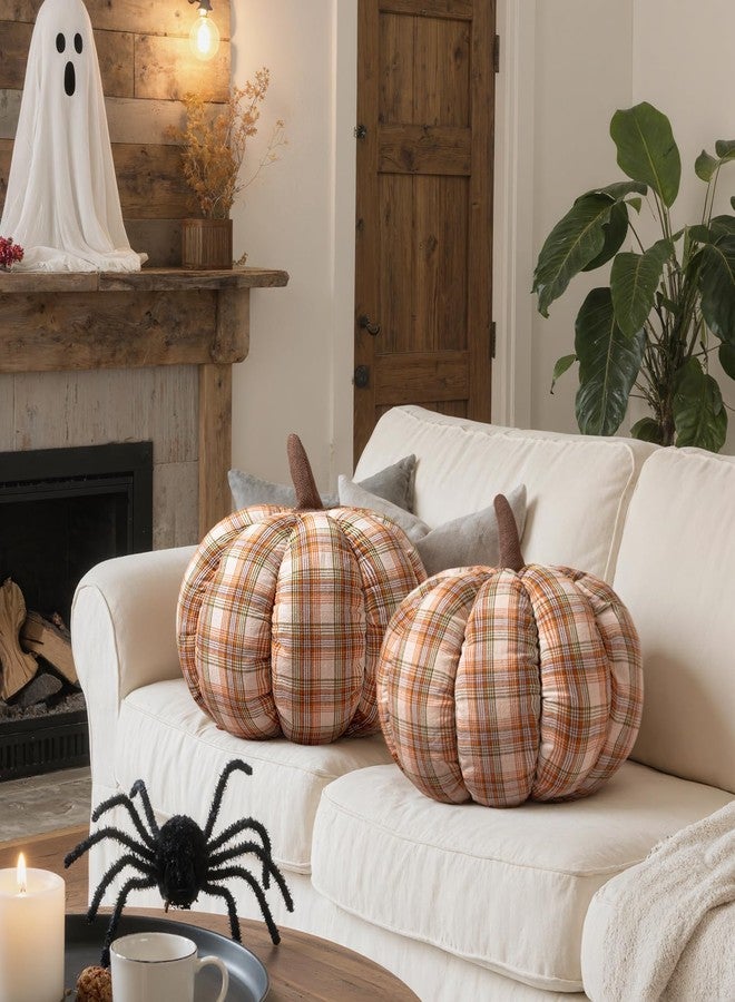 Lanpn Fall Pumpkin Pillow Set of 2, Halloween Decoration Throw Pillow Soft Cute 3D Shaped Cushion for Sofa Couch Bedroom Autumn Thanksgiving Halloween Decor (Plaid A, 12.6x10.6in) - Image 2