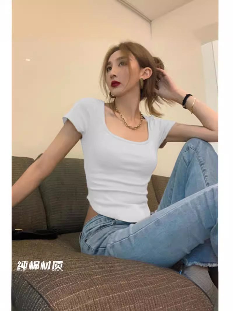 Pure Desire Square Collar Slim-Fit Slimming Short-Sleeved T-Shirt Women'S Instagram Style Summer Short Pure Cotton Korean Style Design Sense Niche Top Trendy - Image 3