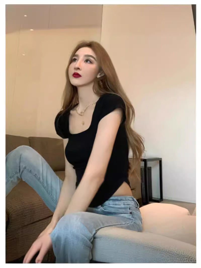 Pure Desire Square Collar Slim-Fit Slimming Short-Sleeved T-Shirt Women'S Instagram Style Summer Short Pure Cotton Korean Style Design Sense Niche Top Trendy - Image 4