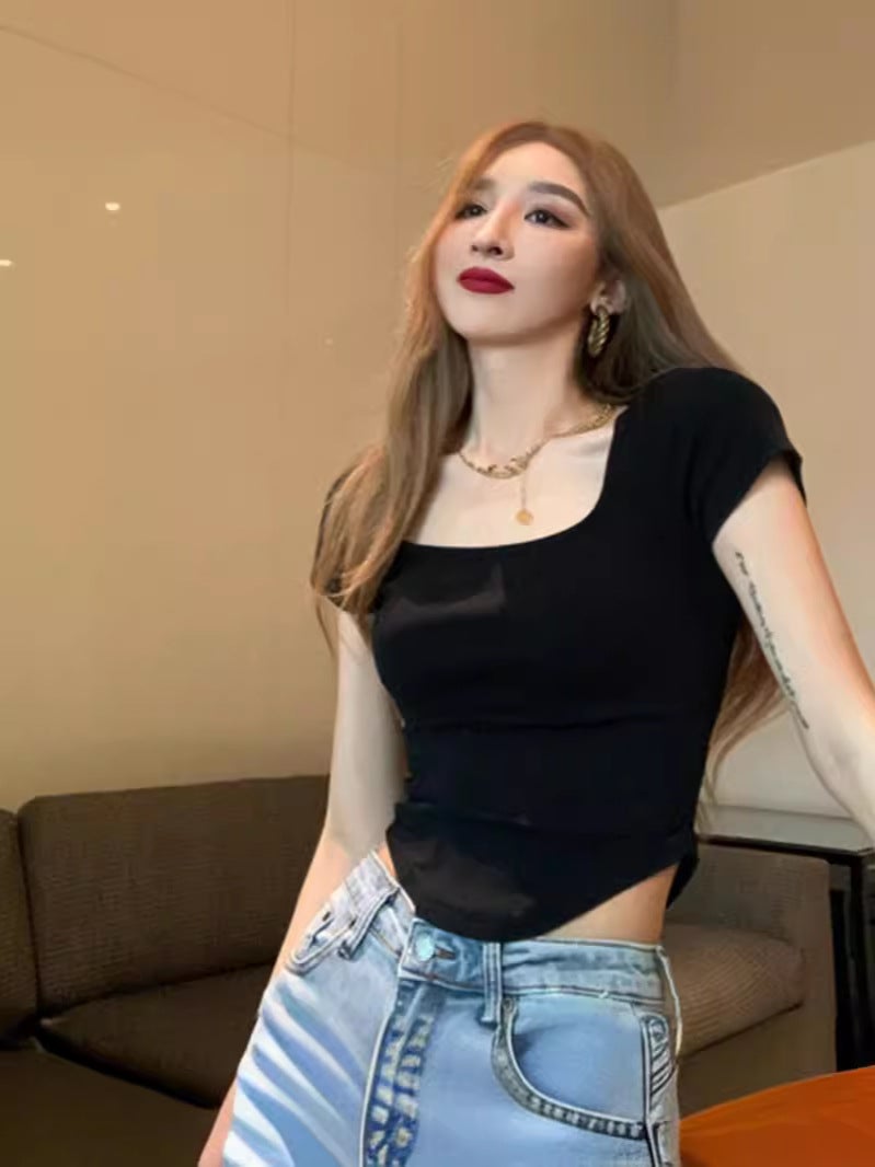 Pure Desire Square Collar Slim-Fit Slimming Short-Sleeved T-Shirt Women'S Instagram Style Summer Short Pure Cotton Korean Style Design Sense Niche Top Trendy - Image 2