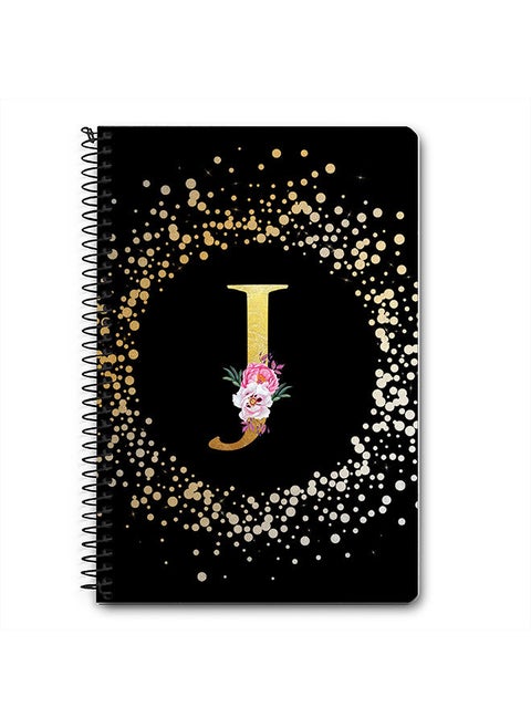 Designer A5 Spiral Notebook Memo Notepad Journal - Custom Monogram Initial Letter Floral Pattern Alphabet - J - Black