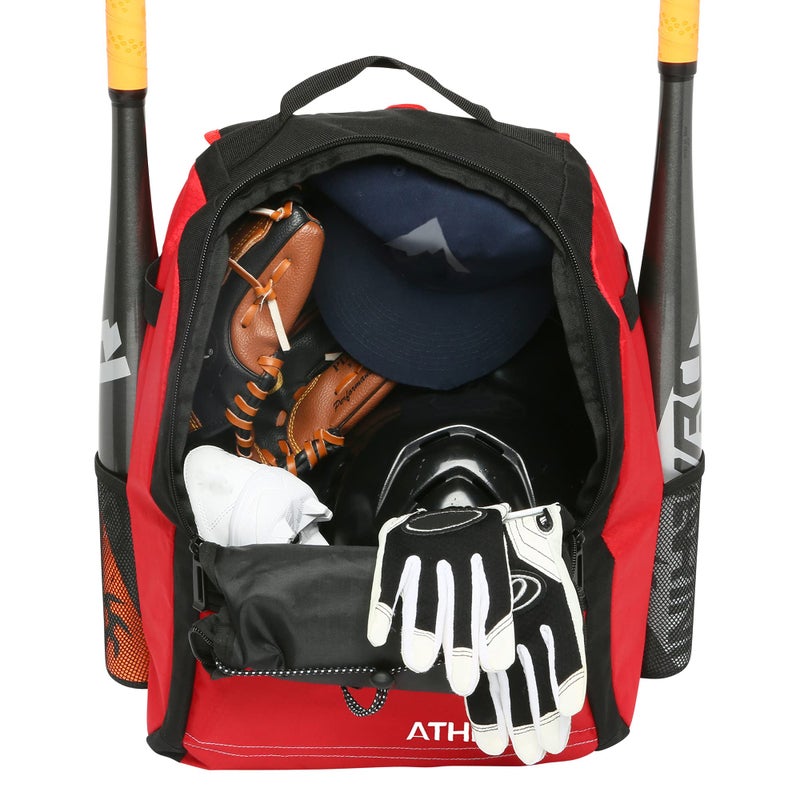 Athletico Youth Baseball Bag - Bat Backpack for Baseball, T-Ball & Softball Equipment & Gear | Holds Bat, Helmet, Glove | Fence Hook (Red) - Image 3