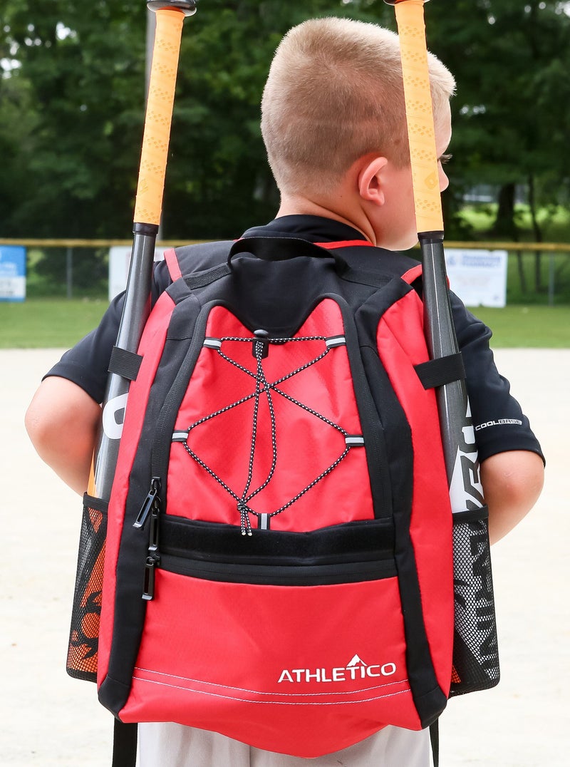 Athletico Youth Baseball Bag - Bat Backpack for Baseball, T-Ball & Softball Equipment & Gear | Holds Bat, Helmet, Glove | Fence Hook (Red) - Image 5