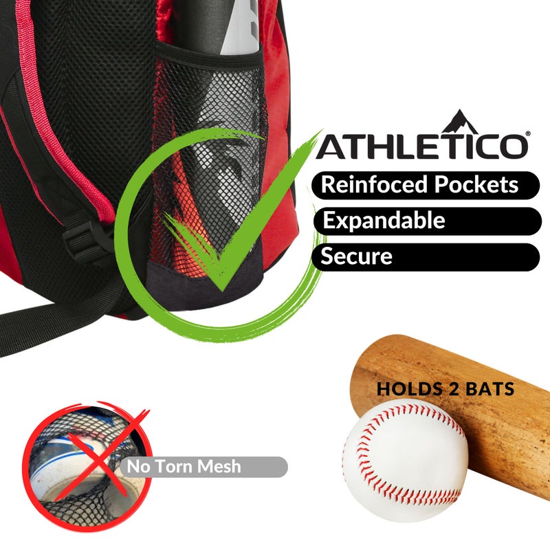 Athletico Youth Baseball Bag - Bat Backpack for Baseball, T-Ball & Softball Equipment & Gear | Holds Bat, Helmet, Glove | Fence Hook (Red) - Image 4