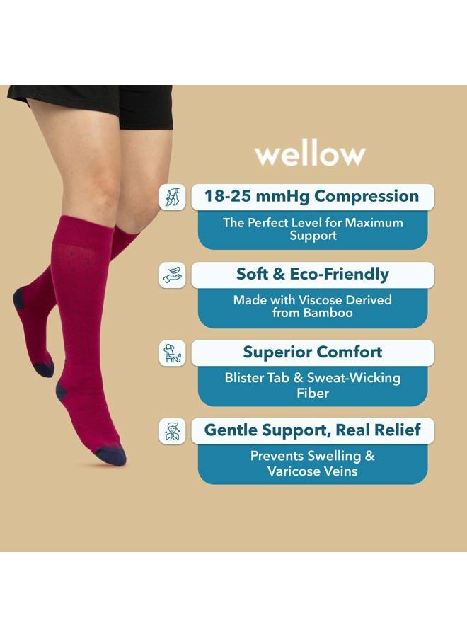 Wellow Knee High Compression Socks for Men & Women | 18-25 mmHg Made with Viscose from Bamboo | Nurses & Pregnancy Support | Relieves Swelling | Regular, MD, Black Golden - Dot - Image 4