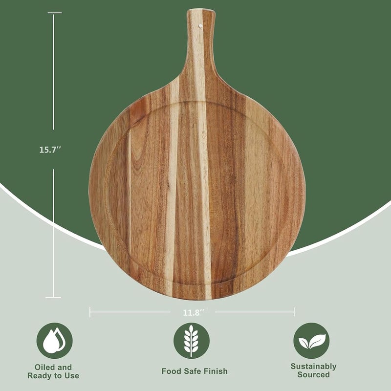 FRTIM Acacia Wood Round Cutting Board with Handle, Pizza Cutting Boards for Kitchen, Small Wooden Chopping Board, Charcuterie Serving Boards for Cheese, Meat, Vegetables, Bread, 15.7" x 11.8" - Image 3
