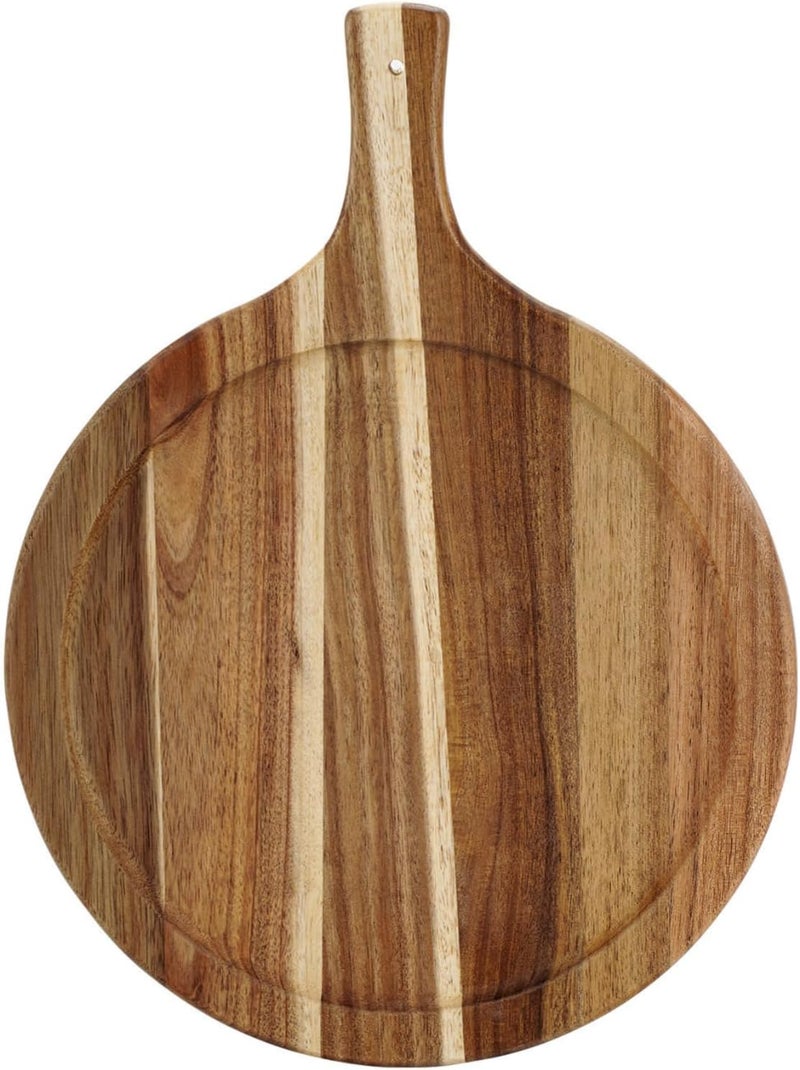 FRTIM Acacia Wood Round Cutting Board with Handle, Pizza Cutting Boards for Kitchen, Small Wooden Chopping Board, Charcuterie Serving Boards for Cheese, Meat, Vegetables, Bread, 15.7" x 11.8" - Image 1