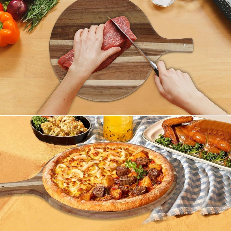 FRTIM Acacia Wood Round Cutting Board with Handle, Pizza Cutting Boards for Kitchen, Small Wooden Chopping Board, Charcuterie Serving Boards for Cheese, Meat, Vegetables, Bread, 15.7" x 11.8" - Image 2