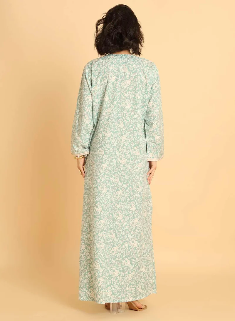 هانا آند سارا جلابية عربية مريحة وأنيقة | فستان ماكسي بنقشة زهور النعناع