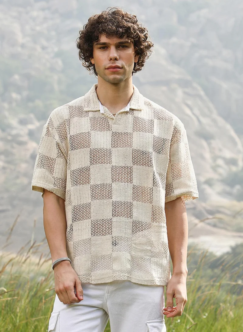 Campus Sutra Men's Off-White Grid Oversized Polo T-Shirt