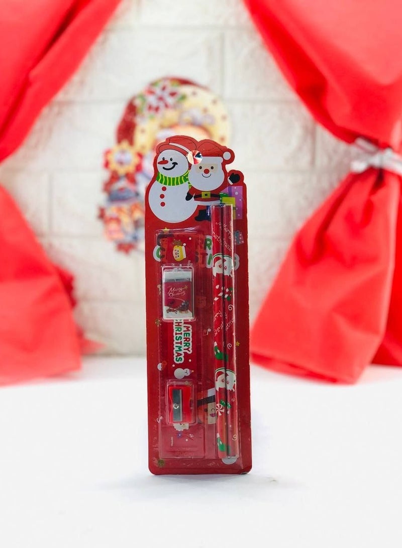 Christmas tools set, Christmas shapes, 5 pieces set (2 pencils + rubber band + sharpener + scissors) - Image 1