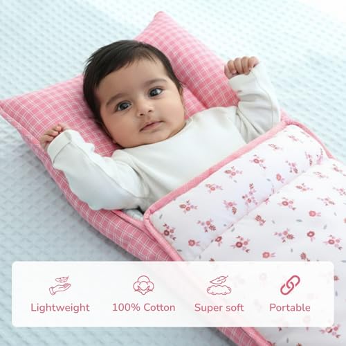 TIDY SLEEP بيبي كاري نيست 3 في 1 مجموعة فراش | كرسي استرخاء لحديثي الولادة (0-6 أشهر) | سرير محمول خفيف الوزن وصديق للسفر وراحة أثناء التنقل (بلوسوم بينك) - Image 2
