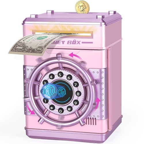 Refasy Piggy Banks for Girls Electronic Money Bank Password Money Safe Cash Coin Piggy Bank Fingerprint Simulation Bank Toys for 3 4 5 6 7 8 9 10 12 Year Old Girls Kids Birthday Xmas Gifts Pink - Image 1