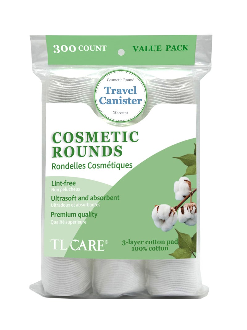 TL Care Cotton Rounds (300 Count) with Travel Canister - Lint-Free, Ultra Soft & Absorbent 3-Layer Cotton Pads for Face and Makeup Removal - Image 1