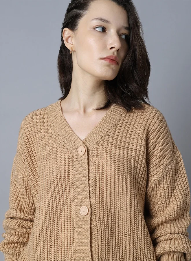 HIGH STAR Women's Beige 100% Acrylic Regular Fit Sweater
