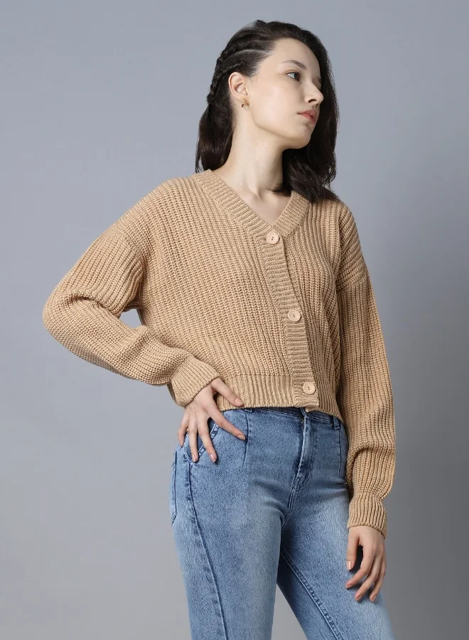 HIGH STAR Women's Beige 100% Acrylic Regular Fit Sweater