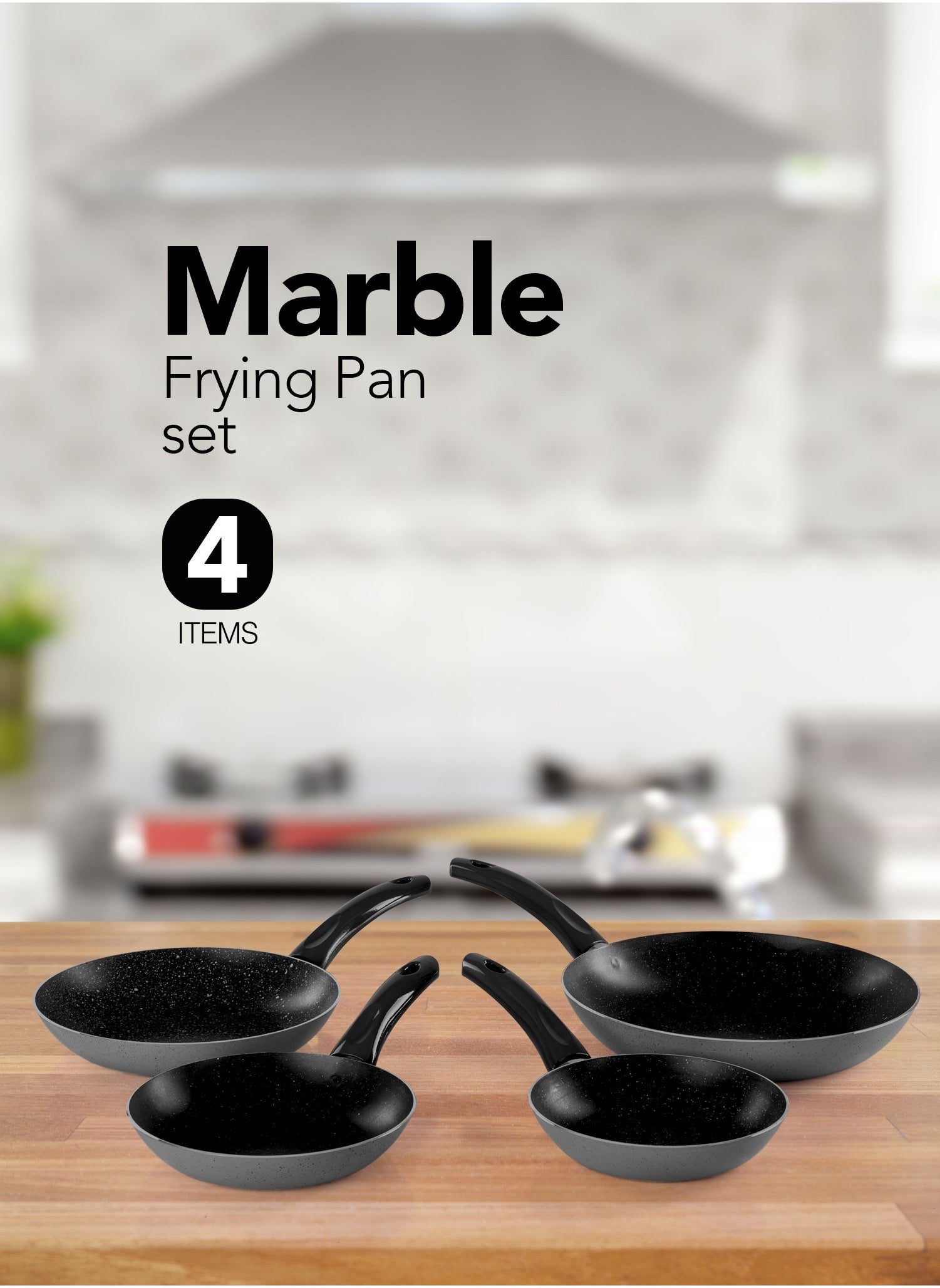 4 Piece Cook Pop Fry Pan Set With Bakelite Handle 18-20-24-28 Black and gray granite 