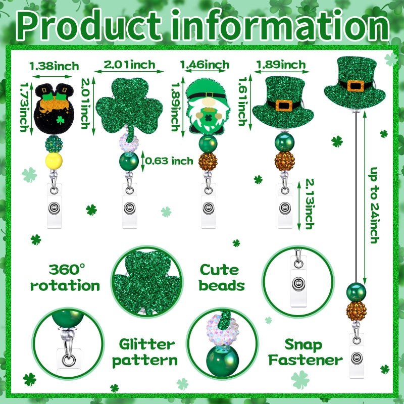 Landical 4 Pack St. Patrick's Day Badge Reels Retractable Glitter Shamrock Nurse Badge Holder with Swivel Alligator Clip for Irish Nurse Doctor Office Worker Gift ID Name Tag Decorative Metal Clips - Image 2