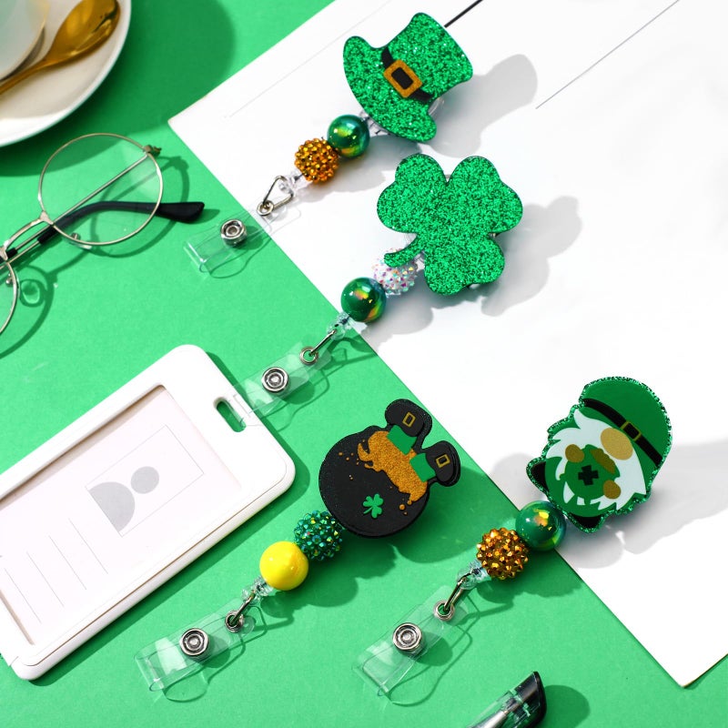 Landical 4 Pack St. Patrick's Day Badge Reels Retractable Glitter Shamrock Nurse Badge Holder with Swivel Alligator Clip for Irish Nurse Doctor Office Worker Gift ID Name Tag Decorative Metal Clips - Image 4