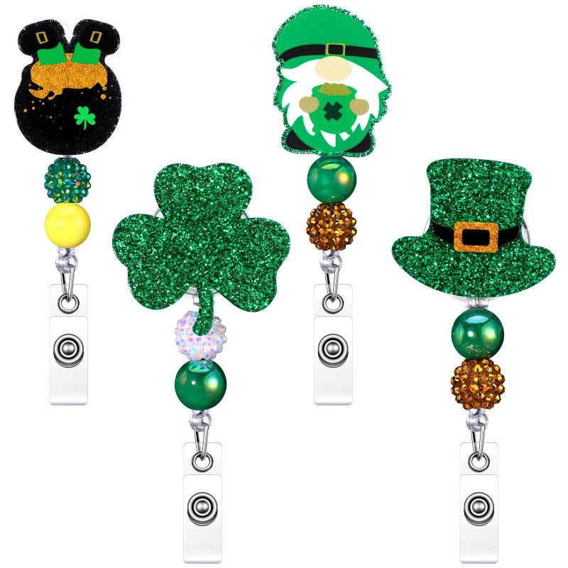 Landical 4 Pack St. Patrick's Day Badge Reels Retractable Glitter Shamrock Nurse Badge Holder with Swivel Alligator Clip for Irish Nurse Doctor Office Worker Gift ID Name Tag Decorative Metal Clips - Image 1