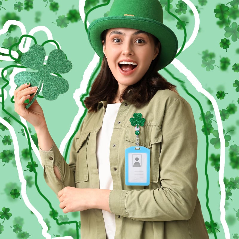 Landical 4 Pack St. Patrick's Day Badge Reels Retractable Glitter Shamrock Nurse Badge Holder with Swivel Alligator Clip for Irish Nurse Doctor Office Worker Gift ID Name Tag Decorative Metal Clips - Image 5
