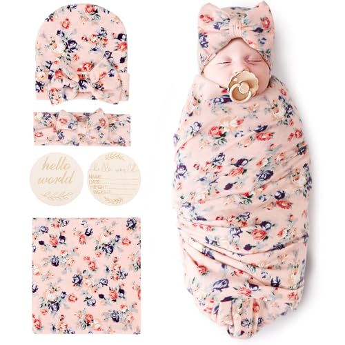 DRESHOW BQUBO Baby Girl Newborn Receiving Blanket with Bow Hat Headband Wooden Birth Announcement Card Set Baby Floral Print Nursery Swaddle Wrap - Image 1