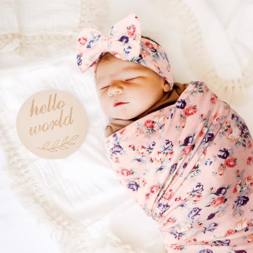 DRESHOW BQUBO Baby Girl Newborn Receiving Blanket with Bow Hat Headband Wooden Birth Announcement Card Set Baby Floral Print Nursery Swaddle Wrap - Image 3