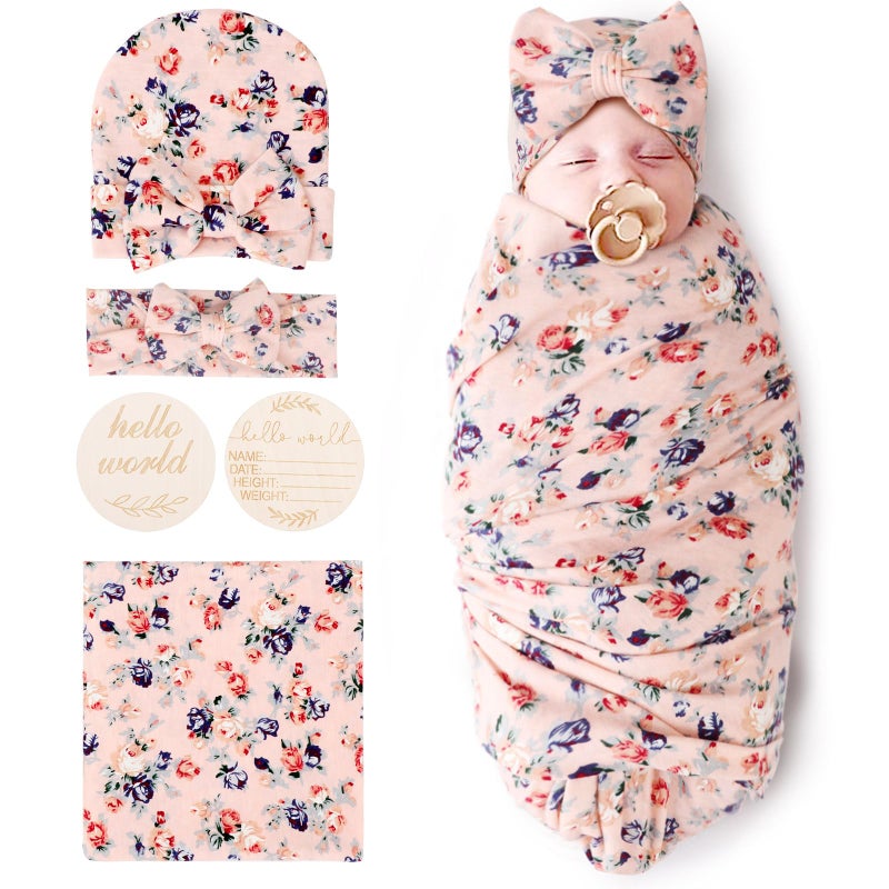 DRESHOW BQUBO Baby Girl Newborn Receiving Blanket with Bow Hat Headband Wooden Birth Announcement Card Set Baby Floral Print Nursery Swaddle Wrap - Image 2