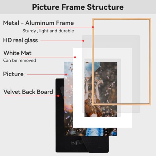 BKABOT 9x12 Picture Frame, Gold Metal Photo Frames with HD Glass, Fits 6x8 with Mat or 9 x 12 without Mat, Display for Wall and Table, 1 Pack - Image 4