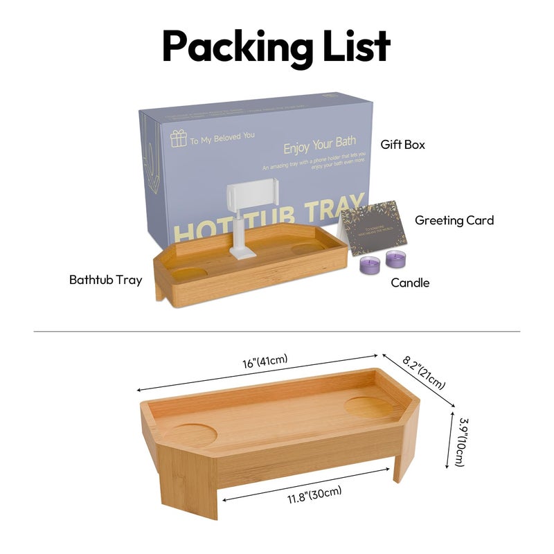 POOLCOMFT Bamboo Hot Tub Tray with Adjustable Phone Holder, Non Slip Hot Tub Table with Card & Scented Candle, Hot Tub Accessories - Unique Gift Idea for Spa Lover, Women, Parents - Image 2