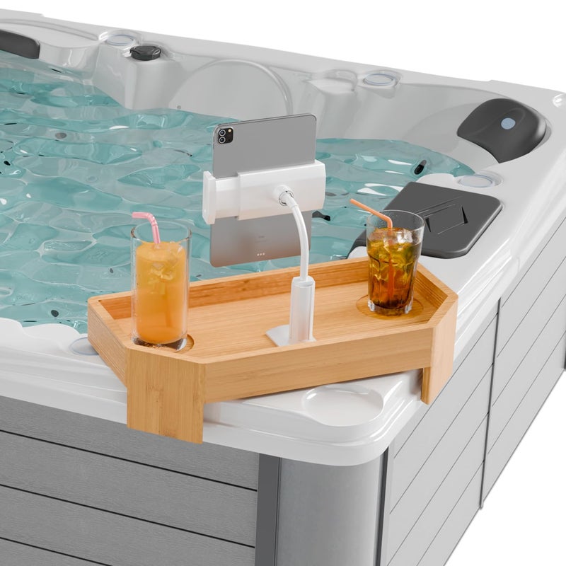 POOLCOMFT Bamboo Hot Tub Tray with Adjustable Phone Holder, Non Slip Hot Tub Table with Card & Scented Candle, Hot Tub Accessories - Unique Gift Idea for Spa Lover, Women, Parents - Image 1