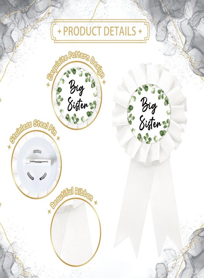 SUPERLUBY Eucalyptus Big Sister Tinplate Badge Pin, Greenery Sister to Be Pin for Girl, Birthday Girl Button Pin, White Rosette Happy Birthday Button for Girl Celebration, Natural Theme Baby Shower/Newborn Baby Party Favors - Image 2