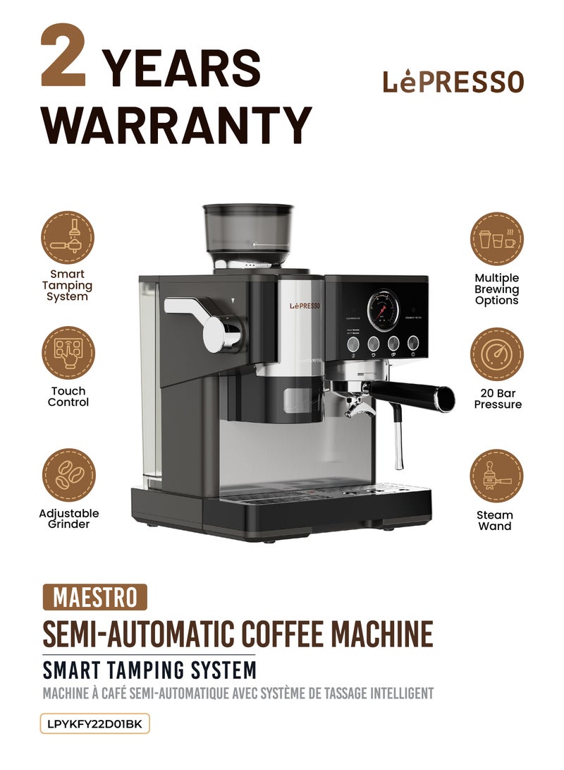 ليبرسو ماكينة قهوة ماسترو نصف أوتوماتيكية بقوة 2300 واط مع نظام ضغط ذكي ومطحنة قهوة / خزان مياه كبير بسعة 2.8 لتر / لوحة تحكم سهلة الاستخدام / خيارات تحضير متعددة / ماكينة صنع قهوة الإسبريسو - أسود - Image 1