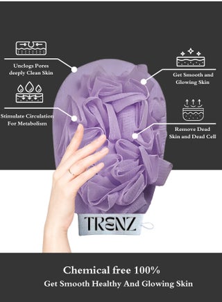 A two-sided exfoliating and cleansing body scrubber consisting of an exfoliating glove and a cleansing sponge. - view 3