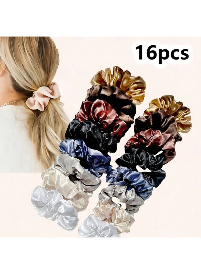 Light Brown 16pcs Satin Scrunchies Set Soft Stretchy Hair Ties For Women - Image 1