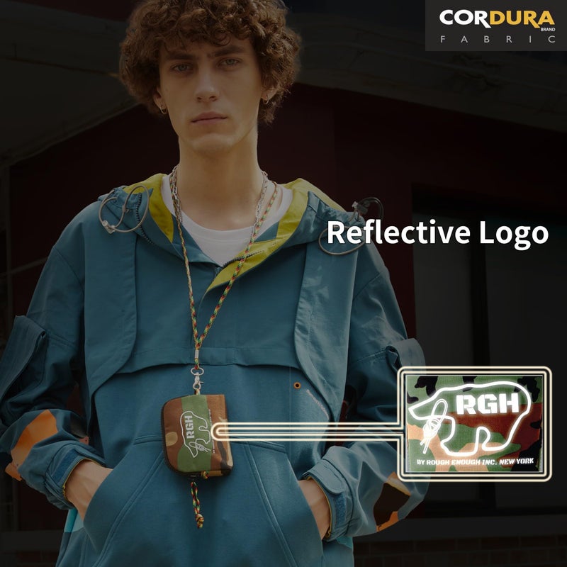 RE ROUGH ENOUGH محفظة بطاقات صغيرة قوية بما يكفي مع حزام عنق ومفتاح للرجال والمراهقين والفتية بنمط تمويه عسكري - Image 2