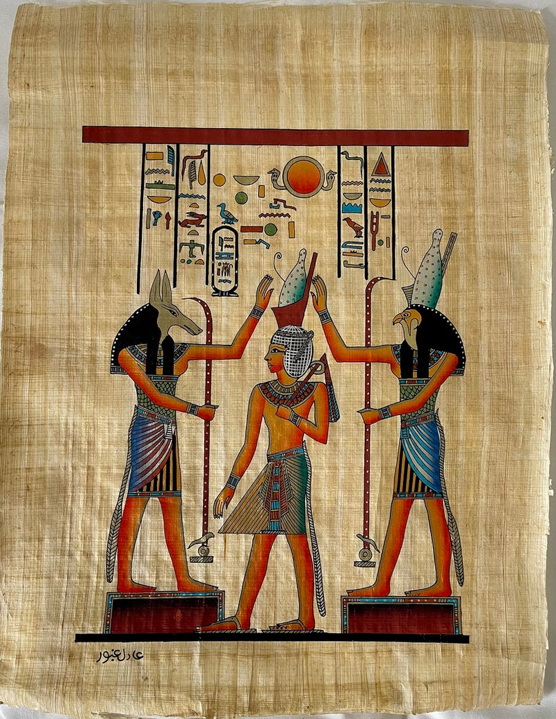 Papyrus Authentic Egyptian Original Hand Painted Painting Paper Pharaoh Ancient 12"x16" (30x40 cm) Pharaoh King Horus & Queen Cleopatra Hieroglyphic Scroll History Pharaohs Papyri Hieroglyphics