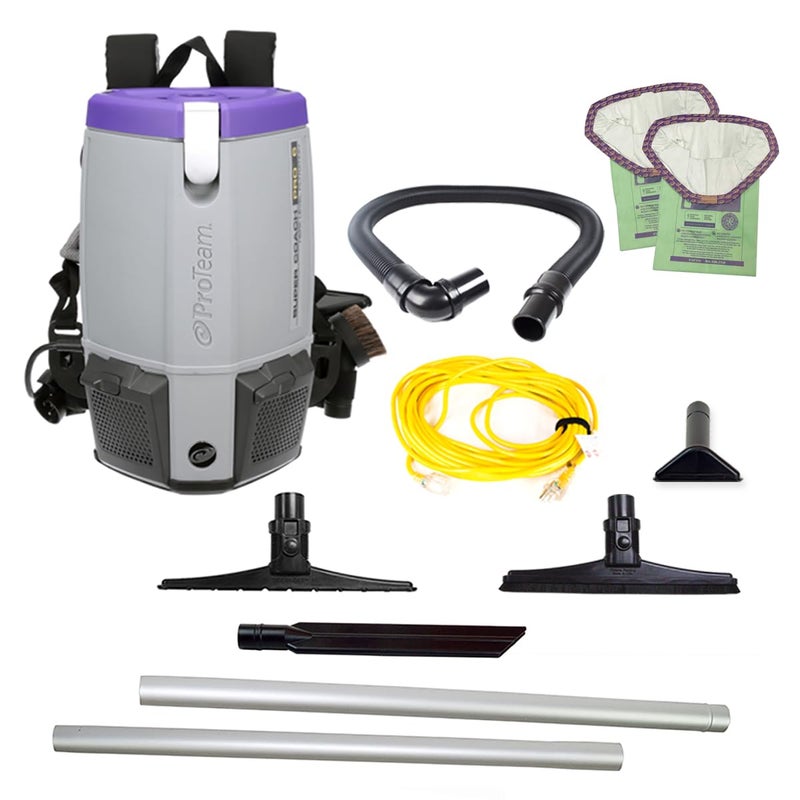 ProTeam Super Coach Pro 6 6 qt Backpack Vacuum w 15 Carpet  Hard Surface Sidewinder Tool Kit 107464 Corded 