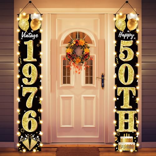 Guiruiy 50th Birthday Party Banner Lighted Decorations for Men and Women Black Gold Vintage 1976 50th Birthday Door Banners with LED Light Fifty Years Birthday Party Supplies for Indoor Outdoor Decor - Image 1