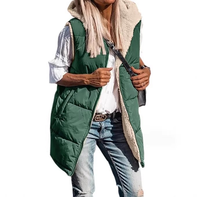 2023 Solid Color Hooded Cotton-Padded Vest Double-Sided Wear Slim Temperament Cardigan Coat Top - Image 4