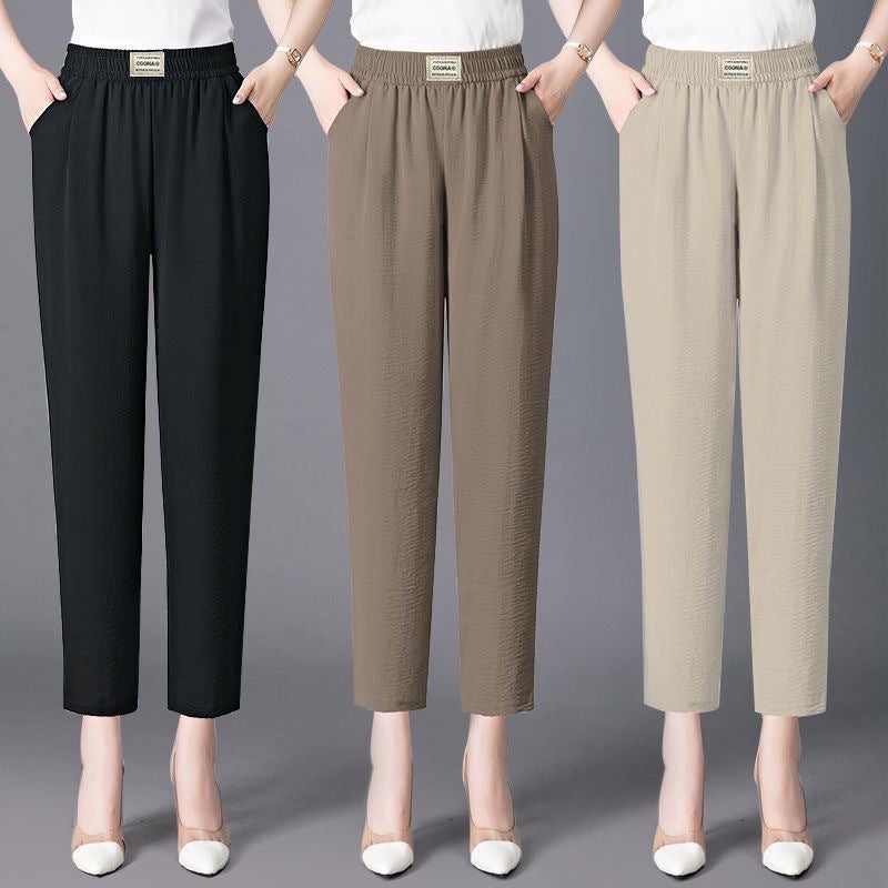 Summer Middle-Aged And Elderly Mother'S Pants Straight Casual Pants Elasto High Waist Cropped Loose Haren Pants Slimming Plus Size - Image 3
