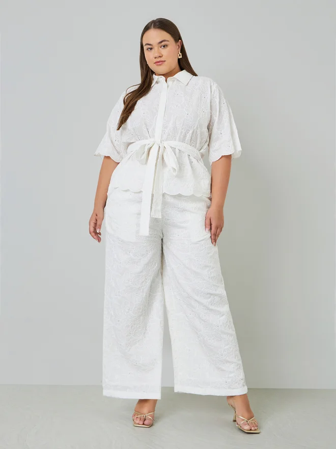 Styli Plus Size Embroidered Shirt with Tie-Belt