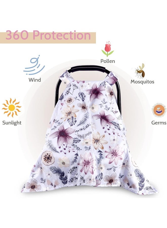 Jundetye Baby Car Seat Cover, Peekaboo Opening Car Seat Canopy for Baby Girls Boys, Mom Nursing Breastfeeding Covers, Blanket for Infant, Purple Watercolor Flower - Image 3