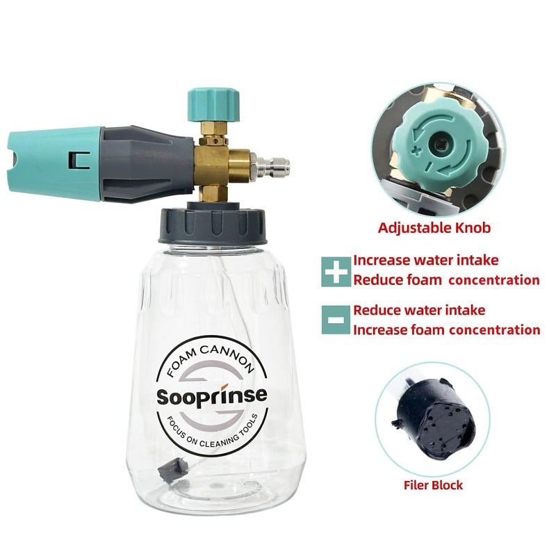 Sooprinse Foam Cannon, Adjustable Snow Foam Lance Transparent Body, Professional Car Foam Blaster with 1/4 Inch Quick Connector, 4000 PSI, 1L - Image 2